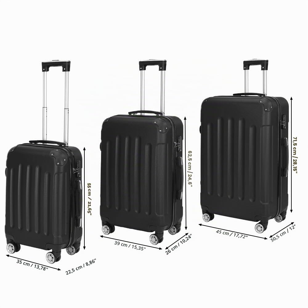 BRILVERDE Lot de 3 valises avec 4 roulettes et Serrure à Combinaison, Valise Rigide en ABS, Valise à roulettes, Valise de Voyage, poignée télescopique M-L-XL, Morden (Noir A)