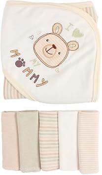 6 Pack Baby Hooded Towel and Washcloths Set, Premium Ultra Soft Reusable Organic Cotton Baby Bath Towel for Infant and Toddler, Unisex Babies Gifts 30x30 Inch, Multicolor-M