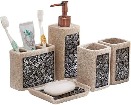 Juego de accesorios de resina retro, dispensador de jabón, soporte para cepillos de dientes, vaso, jabonera, set de baño de 5 piezas, regalo de