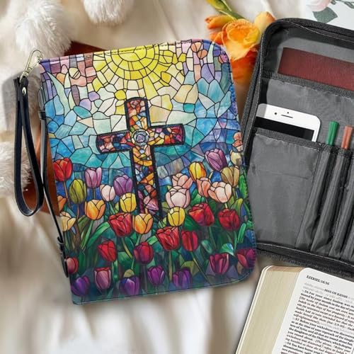 Stained Glass Cross Tulip Prints PU Bible Cover Case for Women Men Multifunctional Bible Carrying Tote Bags with Detachable Wristlet Strap Minimalist Design Bible Study Tools for Study, 2XL2