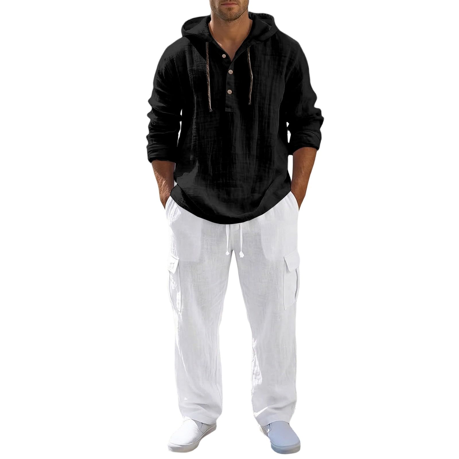 Generico Completo Estivo Uomo in Cotone Lino Leggero Felpa con Cappuccio e Pantaloni Cargo a Gambe Larghe 2 Pezzi Set Tuta Estivi Completa Lino Camicia con Bottone Traspirante Taglie Forti