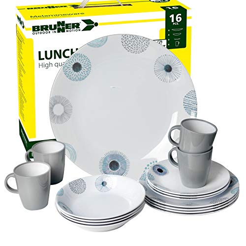 Brunner: Melamin-Geschirr Campinggeschirr (Antislip), 4 Personen (16 Teilig), DEEP SEA Lunch Box, Grill Und Picknick Cover