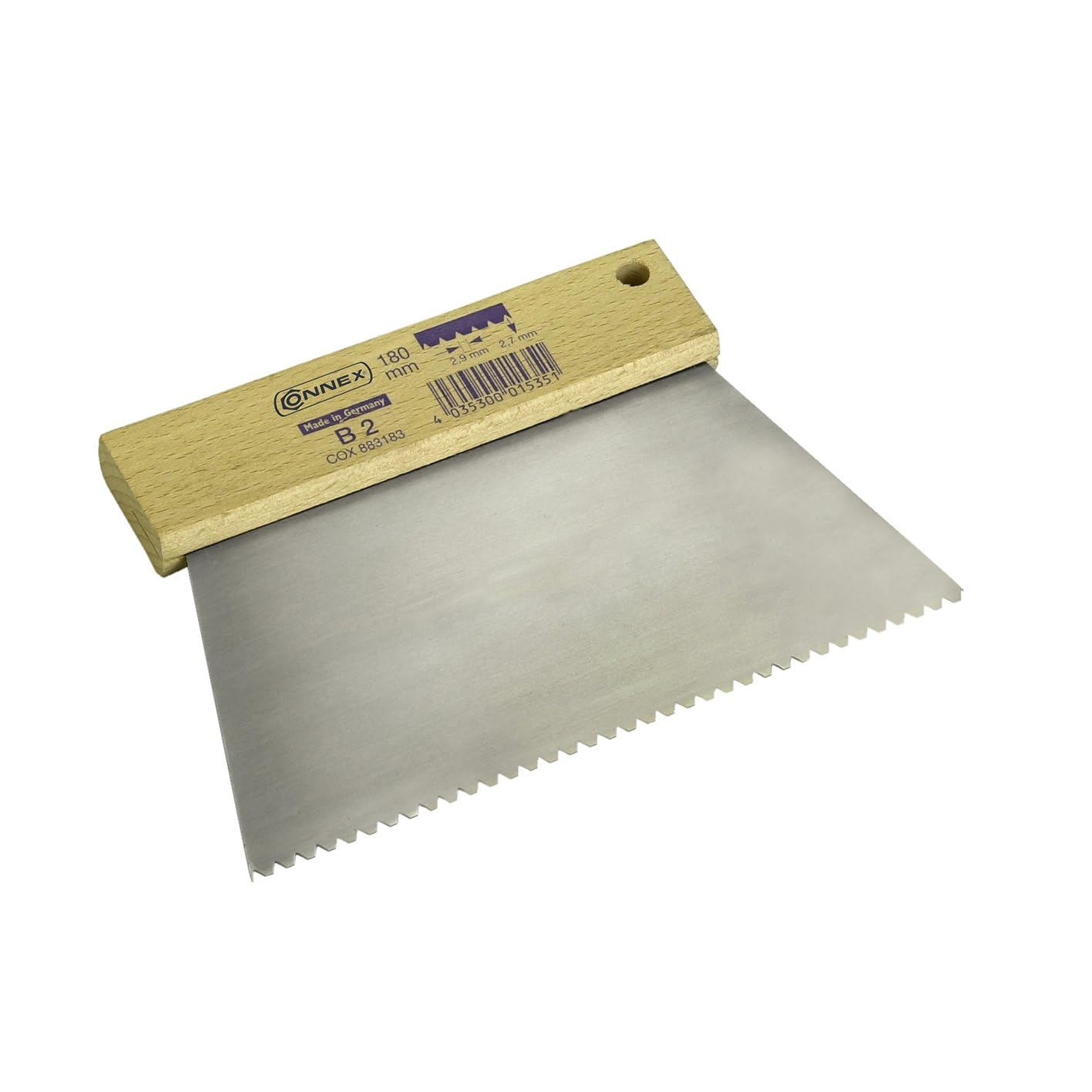 Spatola Dentata Professionale, Spatola Dentata larga 180mm. con Manico legno per colla e adesivi, Spatola Dentata Resistente in acciaio per Piastrelle, Parquet, Pavimenti, Fai-da-te (1,8 x 65)
