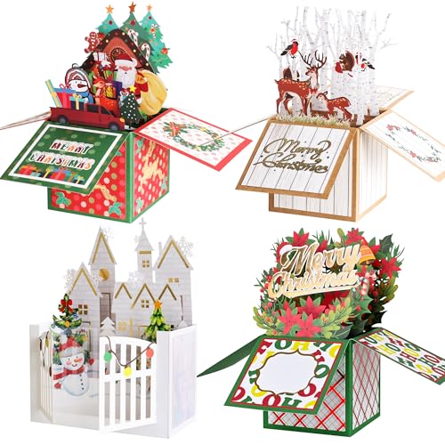 Giiffu 4-Pack 3D Pop Up Christmas Cards – Handmade Holiday