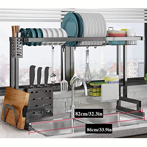 Over Sink Geschirrkorb, Edelstahl Geschirrtrockner, Abtropffläche Regal mit Besteckhalter, Küchentheke Organizer Schwarz 66cm (26inch)