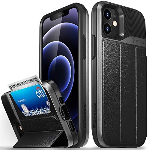 Vena vCommute Wallet Case Compatible with Apple iPhone 12 Mini (5.4-inch), (Military Grade Drop Protection) Flip Leather Cover Card Slot Holder with Kickstand - Space Gray