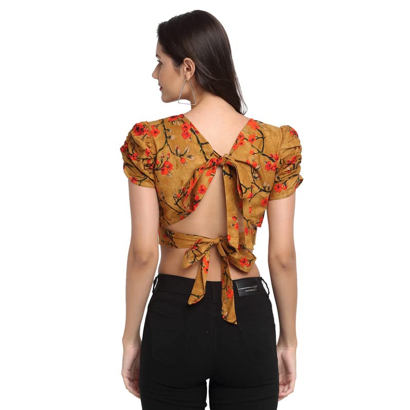 ELEVANTO Women’s Floral Print High Neck Backless Tie Back Crop Top Shirts Blouses Crop top