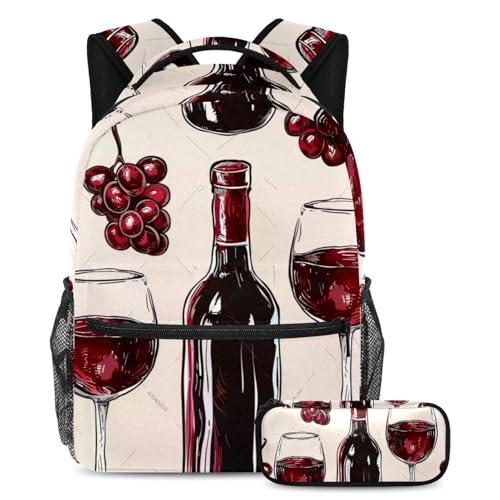 Sac à dos vintage et trousse avec verres à vin raisin grand format pour élèves