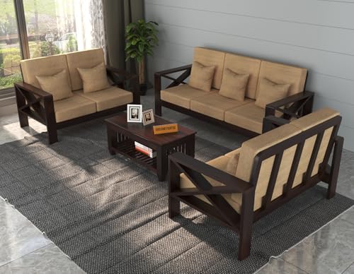 Image of Sheesham Wooden 7 Seater Sofa for Living Room | Rosewood 7 Seater Cushion Sofa X-Legs | Solid Wood Sofa Set for Lounge (3+2+2,Walnut)