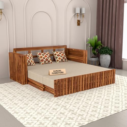 Image of Kunjal Furniture Solid Sheesham Wood Sofa Cum Bed with Storage for Living Room | Natural Finish | 3-Seater Convertible Sofa Bed | Handmade Wooden Furniture (Natural, American)