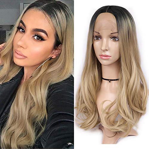 HANNE Lace Front Wig Middle Part Front Lace Wigs Ombre Blonde Synthetic Hair Long Wigs with Combs (Middle Part 1B/Light Blonde)