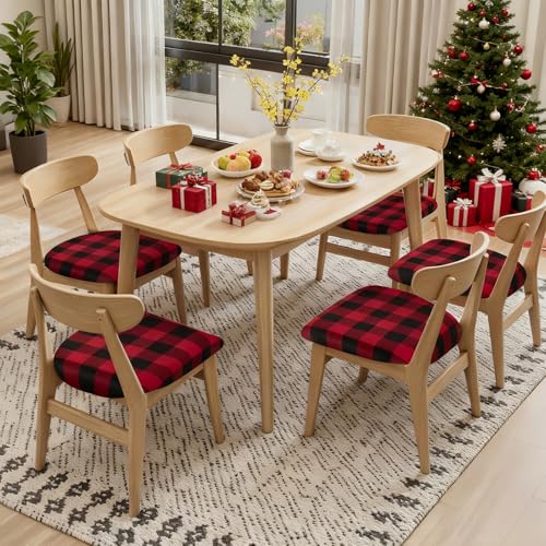 Image of SearchI 6 Pack Christmas Seat Covers for Dining Room Chairs Stretch Printed Xmas Chair Seat Covers,Removable Upholstered Chair Seat Protector for Christmas Decoration,Kitchen,Office (Black /Red Plaid)