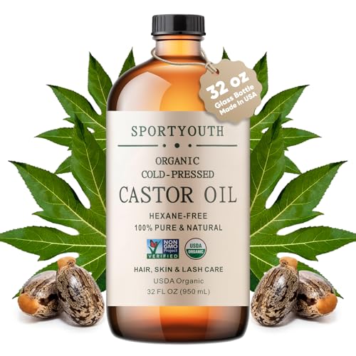 SPORTYOUTH Organic Castor Oil, 32 fl oz Big Glass Bottle,
