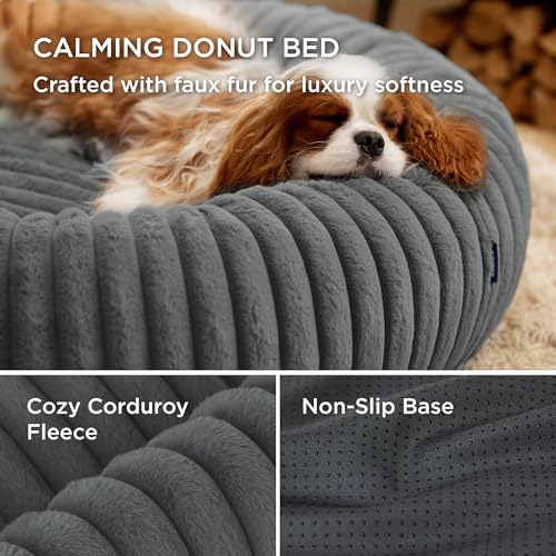 BEDSURE orthopädisches Katzenbett für große Katzen - Flauschiges Donut 58.5x58.5x18cm Hundebett für kleine Hunde mit waschbarem & abnehmbarem Cord-Fleece-Bezug, rutschfeste Unterseite, dunkelgrau
