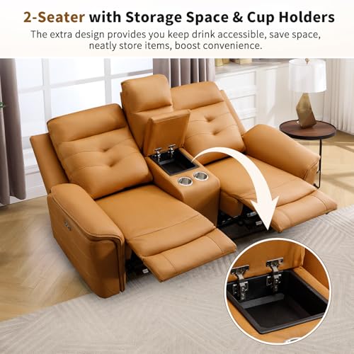 Image of ANJ 2-Piece PU Leather Recliner Sofa Set with Charging Port, Include Single Power Recliner Chair and Electric Loveseat Reclining Couch with Hidden Storage & Cup Holders for Living Room, Yellow