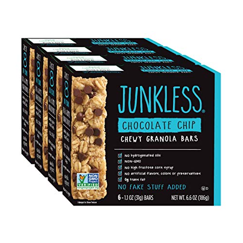 JUNKLESS Chewy Granola Bars, Chocolate Chip, 24 bars (6 x 1.1 oz bars/box â€“ 4 boxes), Non-GMO, low sugar, great tasting, made for kids & families