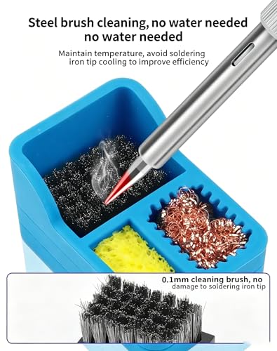 Image of 3-in-1 Soldering Iron Tip Cleaner - Brass Wire, Sponge & Steel Wool Cleaning Station - Desktop Holder for Solder Tip Maintenance, Oxidation Removal & Electronics Repair Tools