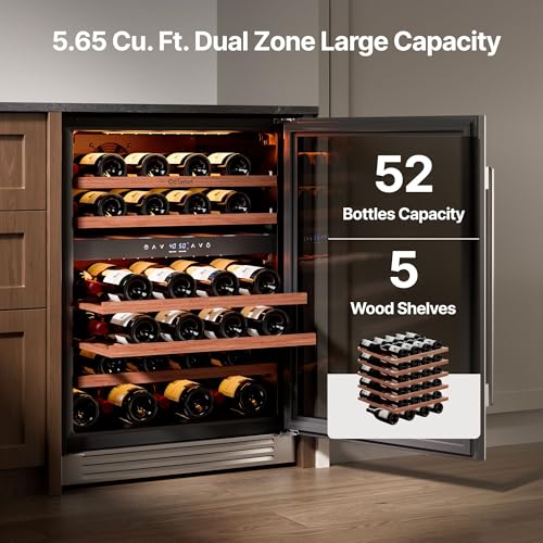 Image of Ca'Lefort 24 Inch Wine Fridge, 52-Bottle Built-In Dual Zone Wine Cooler | 40-65F Control, Adjustable Shelves, Glass Door & 3-Color LED, Automatic Defrost, Under Counter or Freestanding for Home Bar