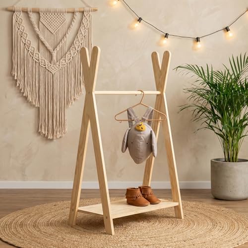 smartwood Perchero de Pie TIPI M 97x63x36 cm   Burro Ropa Montessori en Contrachapado de Pino FSC con Barra para Ropa y Estante   Perchero para Niños con Capacidad de Carga hasta 30 kg