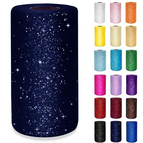 IONTACH Navy Blue Glitter Tulle Fabric 6 Inch X 50 Yards Tulle Ribbon