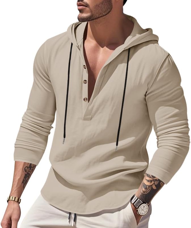 Mens Cotton Linen Hoodies Long Sleeve Button Down Shirts Casual Hawaiian Beach Yoga Sweatshirts - Image 2