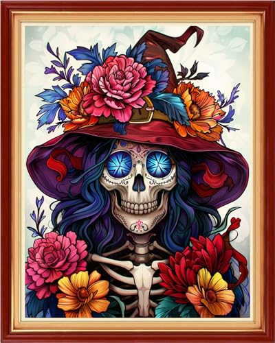 Image of Foxhool Stamped Cross Stitch Kits,11CT Printed Cross Stitch Pattern Full Embroidery Kits for Beginner Needlepoint Kits-Skeleton Flowers 16x20 inch