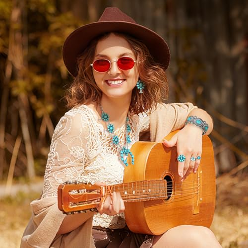 Image of Ecally Bohemian Western Jewelry Turquoise Set Women Country Pendant Long Choker Layered Bracelets Earrings Ring for Women