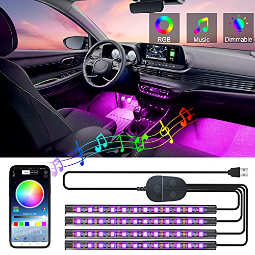 YiLaie Interior Car Lights, Car LED Strip Light with APP Control and Upgrade Box Controller, Waterproof 4pcs 48 LED Lighting Kits Sync to Music, Multi DIY Color Under Dash Car Lighting with USB Port