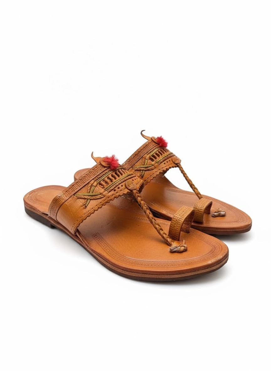 Traditional Handcrafted Kolhapuri Leather Sandals, Tan Brown, Ethnic Wear for Men with Decorative Red Pom-Pom Design-image-35