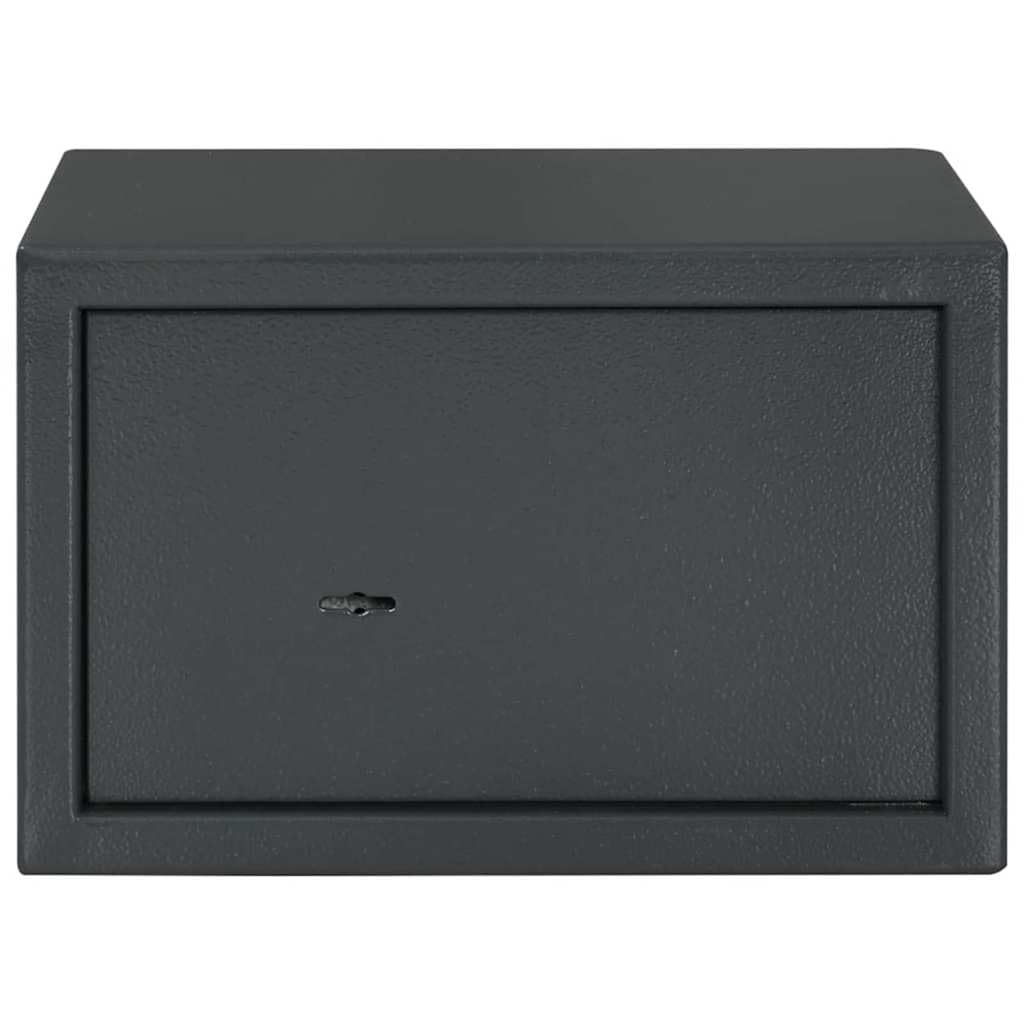 Cassaforte in acciaio grigio scuro con chiusura meccanica, 31 x 20 x 20 cm, finitura opaca, ideale per ufficio a casa, sicura per documenti e oggetti di valore.