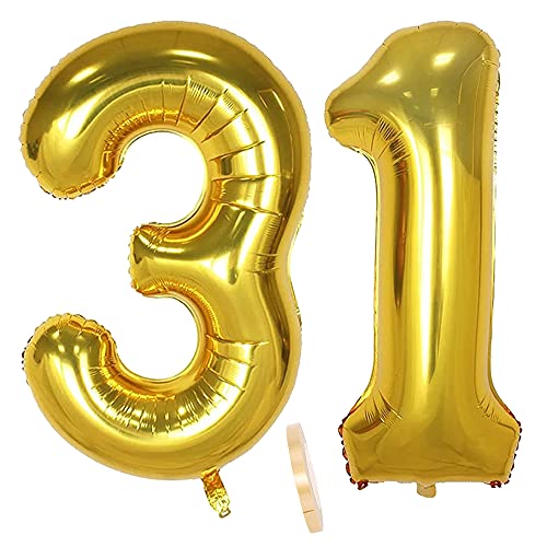 2 Ballons Numéro 31, Ballon 31 Ans Anniversaire Or XXXL 100cm Gold Géant Ballon Figurines Gonflable Hélium Feuille Chiffres Deco Pour Femme Homme La Décoration De Fête Mariage D'anniversaire Cover
