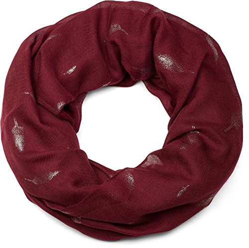 styleBREAKER Loop Schlauchschal mit glänzendem Metallic Feder Muster Print, Schal, Tuch, Damen 01016117, Farbe:Weinrot