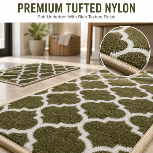 Image of Matz&More Anti Slip Kitchen Runner Mat & Doormat Combo (50x120cm + 40x60cm), Nylon Tufted Floor Carpet with Rubber Backing for Kitchen, Hallway, Bedroom, Bathroom & Entrance, Trellis Dark Olive
