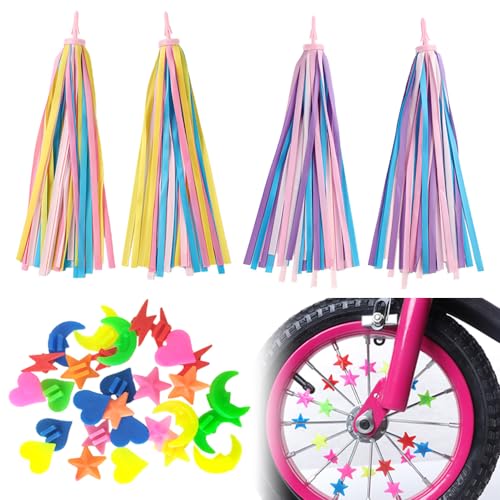 TRKETK 2 Paires de Vélo Tassels et 36 Perles de Rayons, Accessoires de Vélo pour Filles Perles de Clip de Vélo Rubans à Pompons Colorés Banderoles de Guidon de Vélo + Perles de Rayons