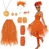 Aperol Costume pour femme - Lot de 7 accessoires Aperol Apritz - Costume de cocktail - Jupe en tulle orange avec serre-tête orange - Boucles d'oreilles - Collier cœur - Lunettes de soleil - Gants en