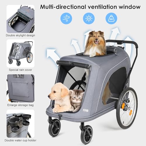 Image of R8 Pro Extra Large Foldable Pet Stroller, Dog Stroller & Pet Trailer for Large Dogs Under 100 lbs, Unmovable, Disabled & Pregnant Dogs - Conveniently Carriable by Bike and Car, Grey