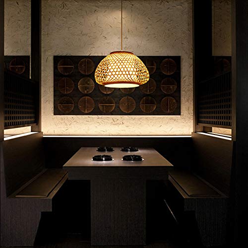 KWOKING Lighting Handmade Flush Mount Ceiling Light Retro Bamboo Dome Shade Pendant Light 1 Light Woven Hanging Lamp for Dining Table,Restaurant - 15.75" - Image 3