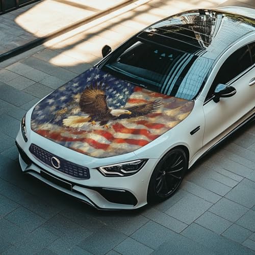 Image of Car Hood Cover Eagle and American Flag Prints Stretchable Car Hood Wrap Blanket Waterproof Auto Decorative Accessories for Compact Sedan SUV Truck Minivan (59x39 Inch)