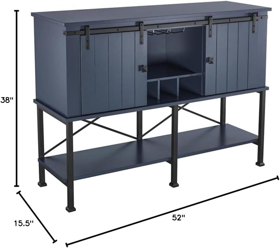 Pemberly Row 52" Wood Bar Cabinet, Navy Blue Finish, Sliding Barn Door Design, Built-in Wine Rack for 12 Bottles, Stemware Holder, Adjustable Shelves, Home Bar or Dining Room Storage Unit