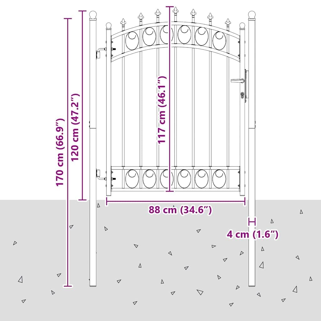 Cancello da Giardino EMMEN in Acciaio Verniciato a Polvere con Punte 104x180cm Grigio con 2 Pali e 3 Chiavi per Esterno Vialetto Recinzione Cancello Cortile Accesso Sicurezza