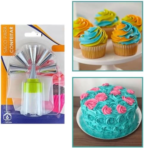Jogo De Confeiteiro 6 Bicos Diversos + Saco De Silicone E Adaptador Matriz Decorador De Bolos Cupcak