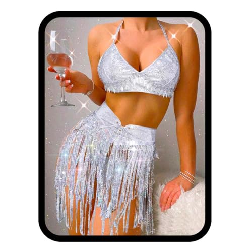 TWINKLEDE Silver Sequin Skirt and Top Sparkly Rave Fringe Outfits Set Belly Dance Costume Sets for Women