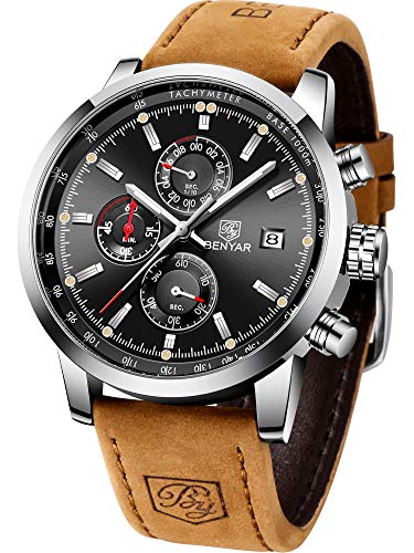 BENYAR Men's Analog Chronograph Quartz Watch Waterproof with Leather Bracelet