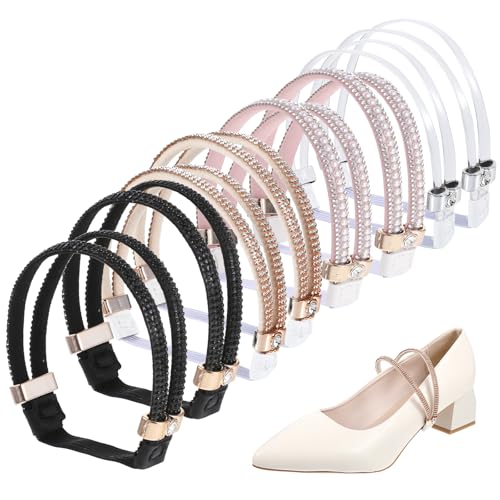 Ptwola 4 Pairs High Heels Shoe Straps Elastic Holding Heels Ankle Belt Band Detachable Rhinestone Straps Adjustable Shoelace(Pink + Black + Gold + Transparent)