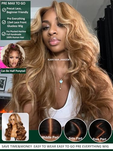Image of KLAIYI Wear And Go Glueless Wig Bye Bye Knots 13x4 Precut Lace Front Wigs Human Hair Ombre Highlight Blonde Body Wave Wig Pre Bleached Pre Everything Pre Plucked with Baby Hair 3S Ready to Wear 18Inch