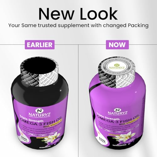 Image of Naturyz Vanilla Flavoured Triple Strength 2500mg Omega 3 Fish Oil with Vitamin D3|Highest Strength 2000 mg Omega 3 Per Serving (EPA 1200mg DHA 800mg) Deep Sea Fish Oil for Unisex-60 Capsules,100 grams