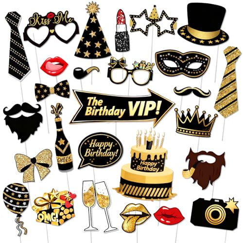 G2PLUS 32 Pcs Accessoires de Photomaton: Kit Photobooth Anniversaire Noir & Doré-DIY Fête Photo Booth Props Accessoires pour Fête Anniversaire Mariage Bal...