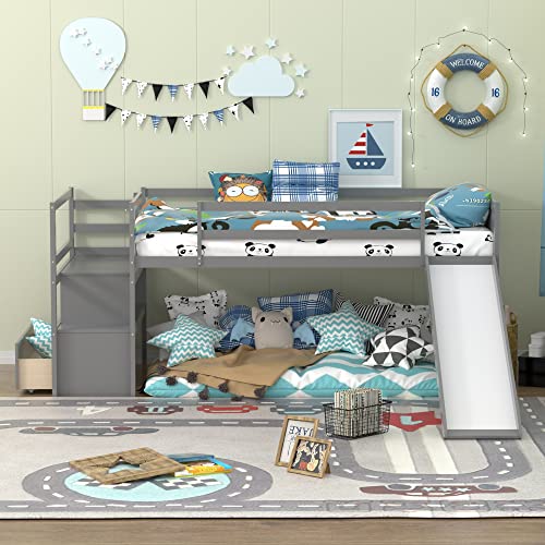 Olela Loft Bed Twin,Solid Wood Loft Bed With Storage Steps And Slide,Low Profile Twin Size Loft With Stairway For Junior/Kid,No Box Spring Needed (Grey, With Drawer) #TOP2