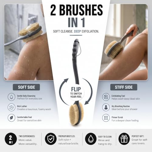 Image of Avilana Shower Body Brush with Long Curved Handle, Long Handle Silicone Back Brush with Long Double Sided Handle, Shower Brush with Soft and Rigid Bristles (Long Silicone Handle,