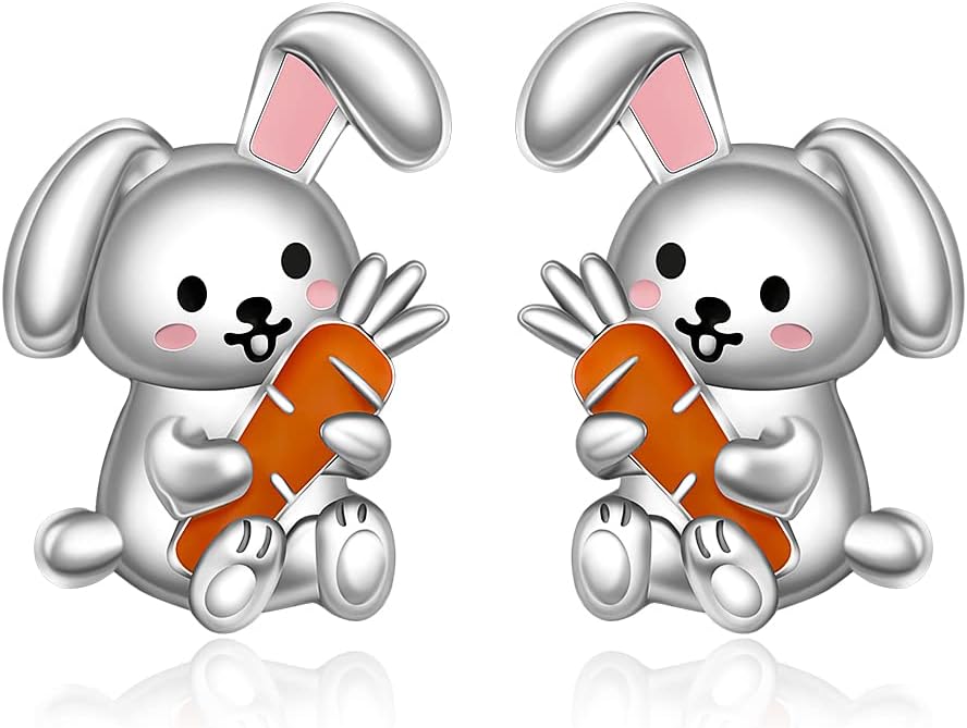 Easter Bunny Earrings Sterling Silver Hypoallergenic Cute Rabbit Carrot Animal Stud Earrings Jewelry Easter Gifts for Women